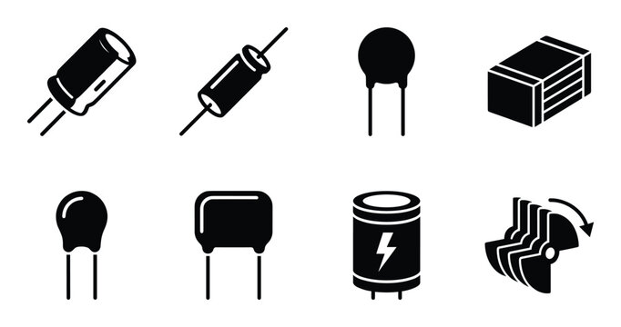 Set of electronic components vector icons, including capacitors and resistors