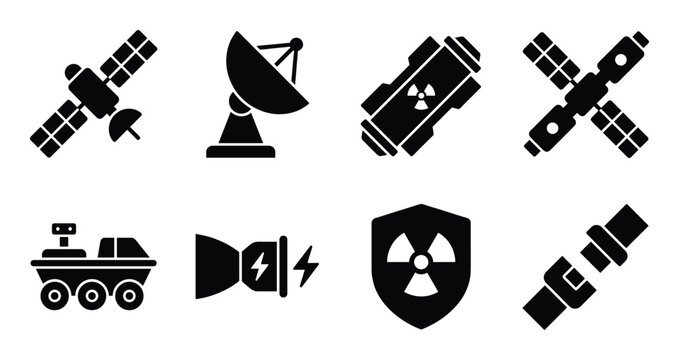 Space exploration and radiation safety icons set includes satellites rover and nuclear waste container