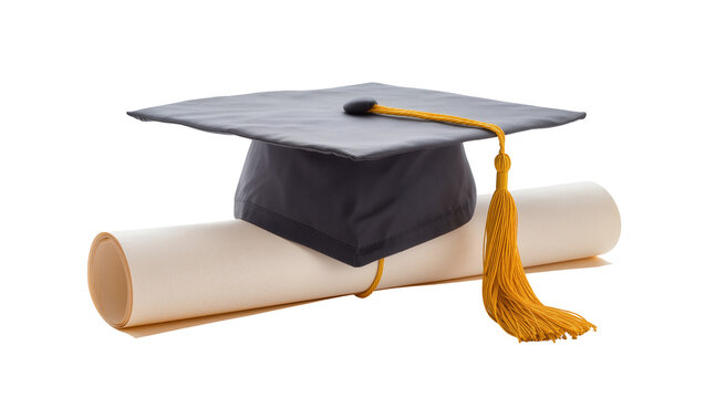 Black graduation cap with gold tassel on rolled diploma, isolated on transparent background