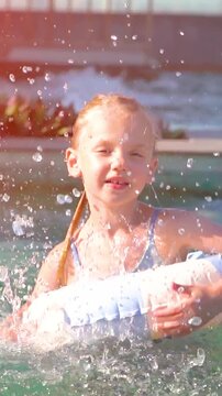Joyful splashes and laughter at the sunny poolside with friends and water fun