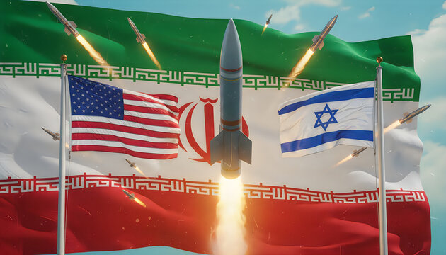 Nuclear missiles launching with US and Israeli flags behind Iran's flag, concept of geopolitical conflict and threat