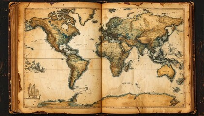 Fototapeta premium Antique World Map Open Book Vintage Cartography Illustration.
