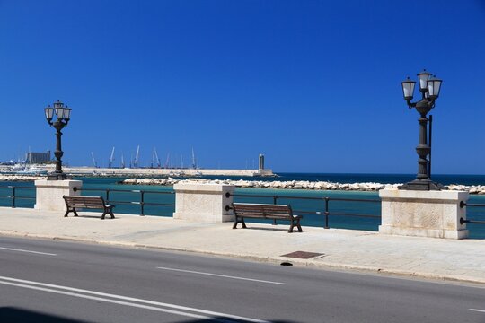 Lungomare boulevard in Bari town, Italy. Mediterranean coast promenade.
