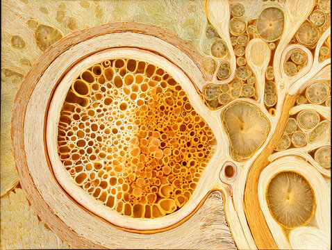 Human renal corpuscle glomerulus cross section anatomy illustration showing glomerular capillary tuft Bowman capsule and kidney cortex tubules in warm amber gold tones on ivory background