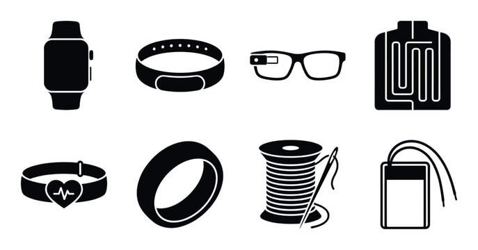 Wearable technology black silhouette icons set featuring smart watch glasses ring and fitness bands