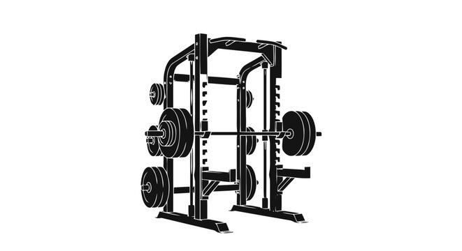 Vector illustration&nbsp;of gym power rack with barbell and weight plates vector illustration on a transparent background