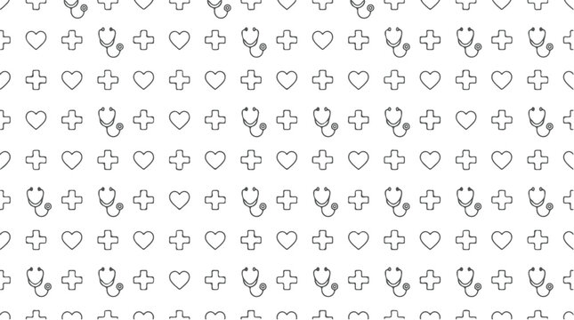 Seamless pattern of medical symbols including stethoscopes and hearts on a white background for healthcare themes