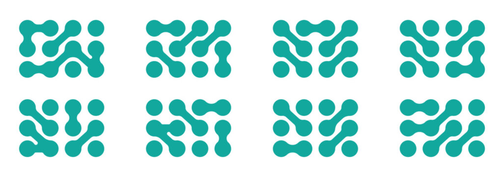 Abstract metaball figures. Metaball dot shapes, y2k connected round blobs icons flat vector illustration set. Liquid molecule shapes on white . Black pattern of dots metabol . connected molecules .