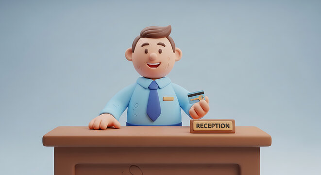 Friendly 3d character of a male receptionist standing behind a desk with a reception sign, holding a credit card.