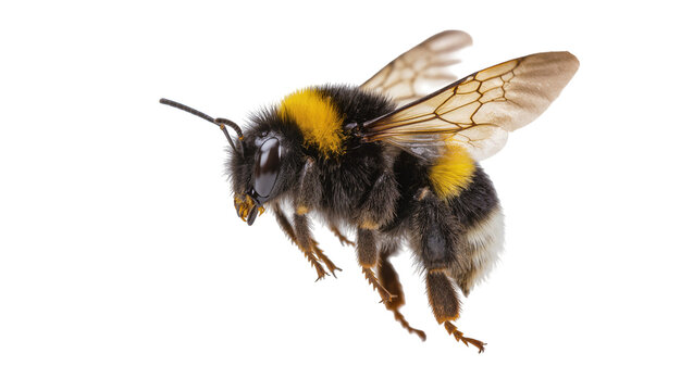 Fluffy bumblebee with yellow stripes, isolated on transparent background