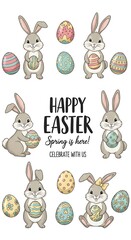 Fototapeta premium Adorable cartoon bunnies and decorated eggs celebrate springtime joy