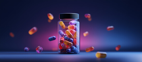 Obraz premium Futuristic collagen supplement packaging with vibrant capsules in glass jar