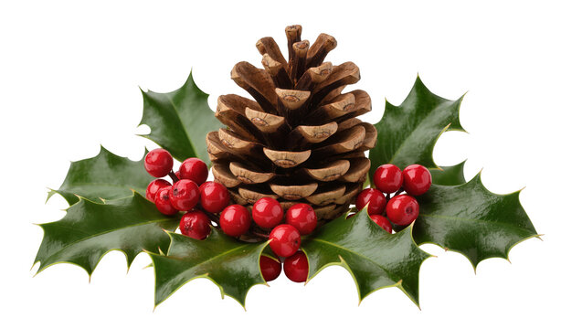 Pine cone and holly berries arrangement, isolated on transparent background