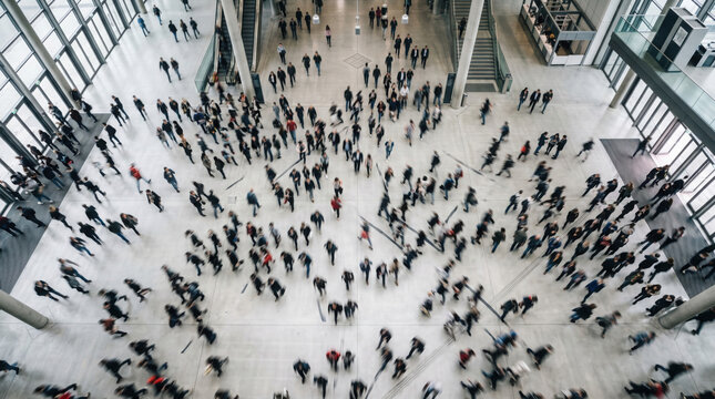 People gather in a large public space with high ceilings and many windows