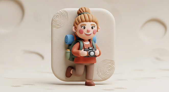 3d render of woman tourist holding camera and carrying backpack, traveling concept, summer vacation, world tour, adventure, discovery, female explorer.