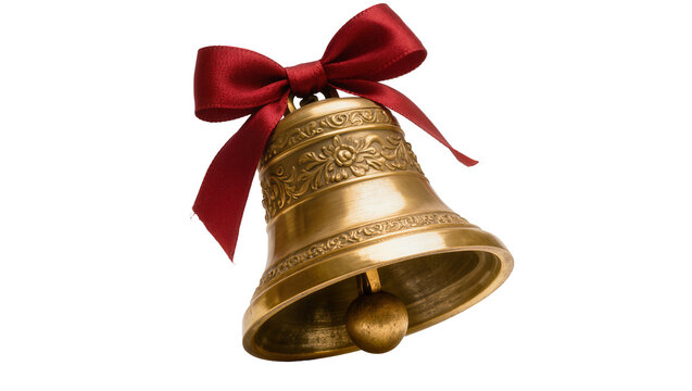 Ornate golden bell with red ribbon bow, isolated on transparent background