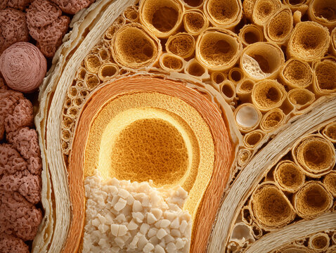 Human hair follicle pilosebaceous unit cross section anatomy illustration showing hair bulb dermal papilla sebaceous gland and skin layers in warm amber gold tones on ivory background