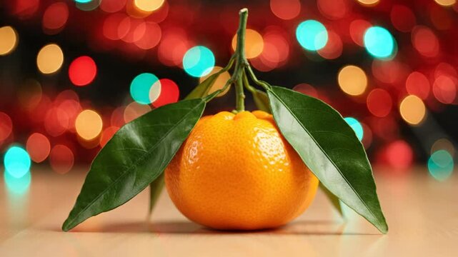 Festive mandarin orange with green leaves resting on a table against a backdrop of colorful bokeh lights for holiday cheer