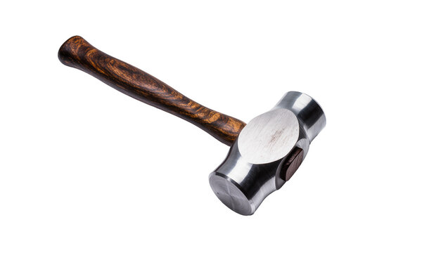Heavy metal ball-peen hammer with polished steel head and wooden handle, isolated on transparent background