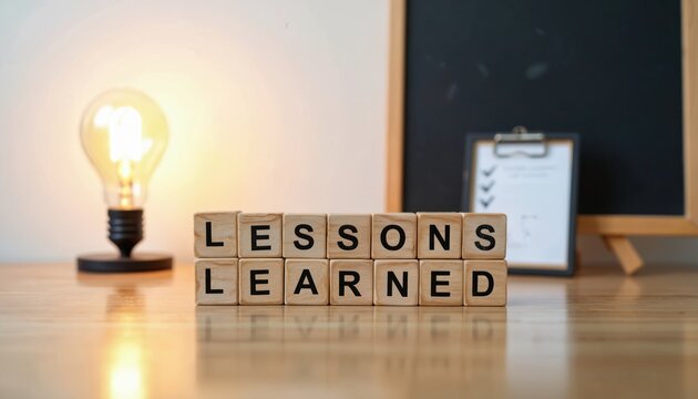 Wooden blocks spell Lessons Learned on a desk. A bright light bulb glows nearby, symbolizing new ideas. A checklist rests on a stand behind. Reflective surface shows lamp light.