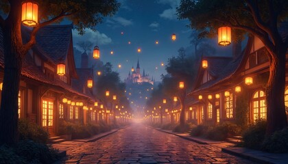Fototapeta premium Charming village street at night with glowing lanterns and a distant castle. Cobblestone path leads through old houses. Warm light fills the peaceful, magical scene.