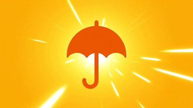 Bright orange umbrella illustration with sparkling light rays radiating outwards against yellow background for protection concept