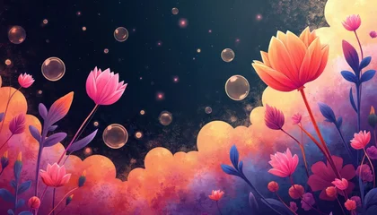 Papier peint photo Chambre de fille Abstract art shows colorful flowers and bubbles against dark sky with glowing lights. Floral fantasy design, bright bloom elements, vibrant, nature inspired, dreamy atmosphere for creative projects.  © Vadym