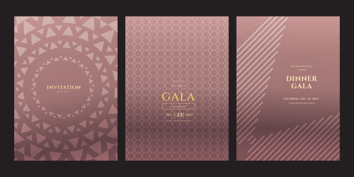 A set of three elegant gala invitation templates featuring geometric patterns and a sophisticated rose gold color palette for special events like 25, 2027.