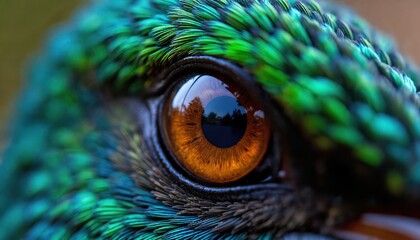 Fototapeta premium Extreme close-up of a hummingbird eye shows intricate detail and vibrant iridescent green feathers. The amber iris reflects a dark forest landscape under bright daylight. Tiny bird vision is sharp.