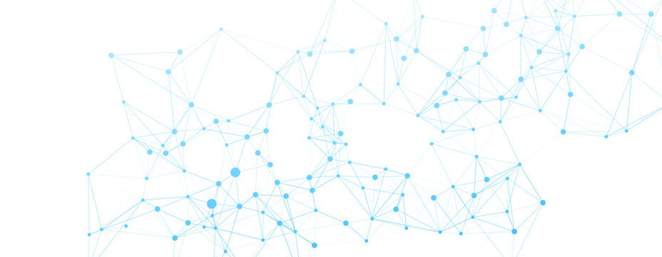 A light blue abstract digital network with connected dots and lines on a white background, representing data, technology, and global communication.