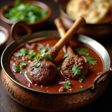 Tender lamb shanks in rich spicy gravy. Traditional Indian nihari dish served in copper pot. Garnished with fresh coriander and onion. Served with naan bread.