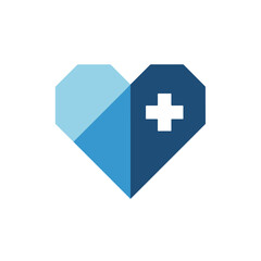 Fototapeta premium This geometric blue heart icon features a white medical cross on the right side, symbolizing healthcare and wellness in a modern style.