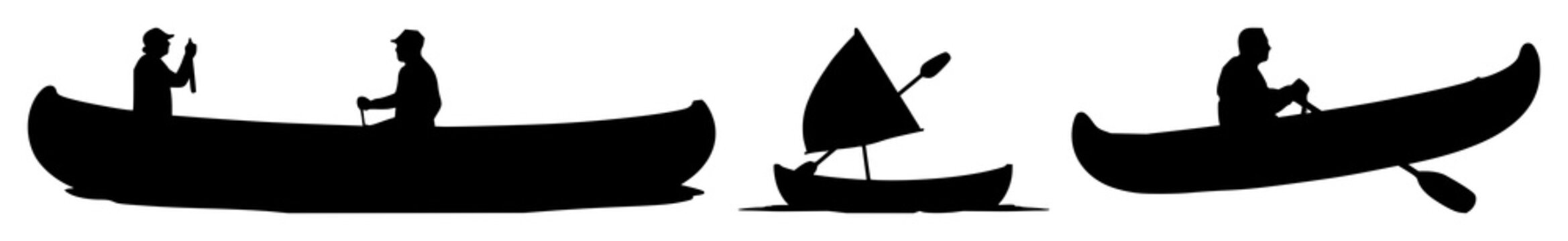 Black silhouette, white background: raft set with simple line art design featuring sketches, drawings, vector graphics with minimalist and simple illustrations