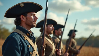 Naklejka premium American colonial soldiers in uniform stand in formation with muskets. Men wear tricorn hats and historical military attire. They look forward with determined expressions, ready for duty.