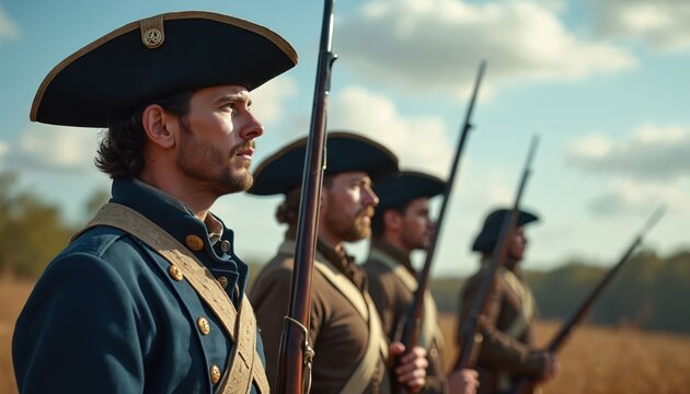 American colonial soldiers in uniform stand in formation with muskets. Men wear tricorn hats and historical military attire. They look forward with determined expressions, ready for duty.