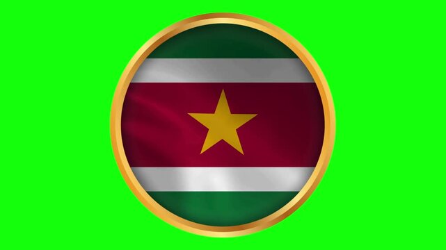 Suriname Round Gold Framed National Wavy Flag, Circular Blowing Flag of Suriname.