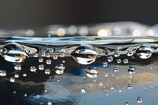 Close-up of water droplets and bubbles on a reflective surface with bokeh background.