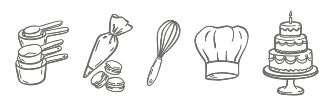 Professional pastry and baking icon set including measuring cups, piping bag with macarons, whisk, chef hat, and tiered cake. Elegant black line art vector for bakery branding and logo design.