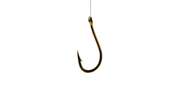 Sharp metallic fishing hook hanging by a thin thread, isolated on transparent background