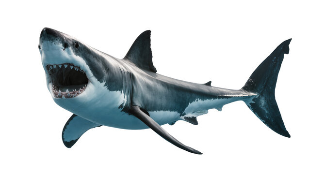 Great white shark with open mouth and sharp teeth, isolated on transparent background