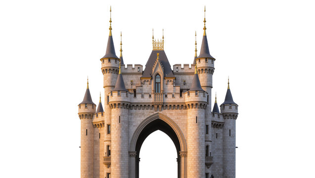 Grand stone medieval castle with pointed spires and large archway, isolated on transparent background