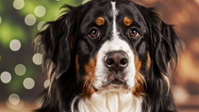 Adorable Bernese Mountain Dog Portrait Looking Directly at the Camera with Bokeh Background