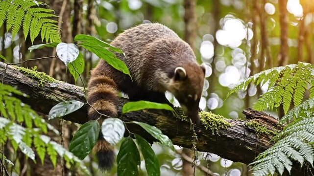 Coati foraging for food on a mossy tree branch in a lush tropical forest environment on a sunny day