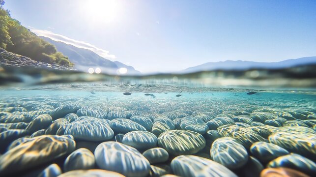 aperture. A clear mountain stream with smooth pebbles and small fish swimming. travel magazines, destination branding, designed for outdoor magazines and nature guides, used by graphic designers.