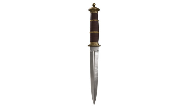 Ornate antique dagger with polished steel blade and dark brown leather handle, isolated on transparent background