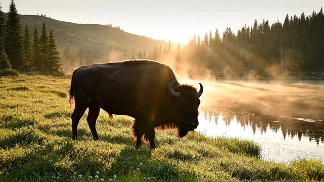 Majestic bison grazing in golden morning sunlight near lake and misty forest landscape