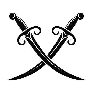 Two crossed scimitars in a black and white vector illustration