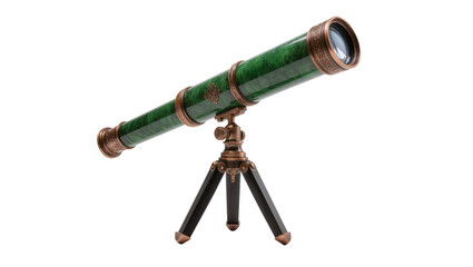 Antique green jade telescope with bronze accents on tripod, isolated on transparent background © LUXSTORY