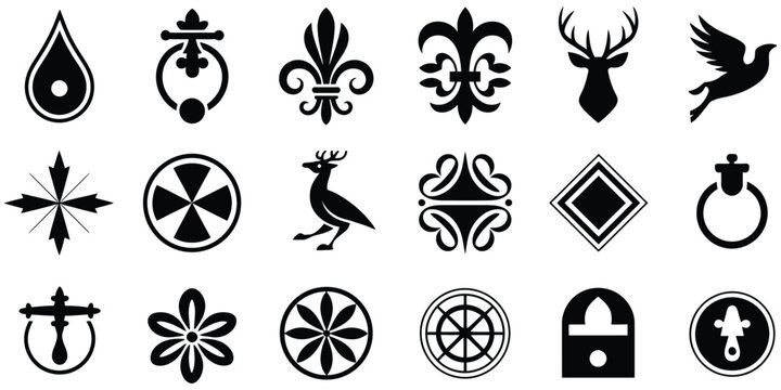 black decorative door knocker silhouettes set including antique medieval and ornamental styles, isolated architectural elements illustrating vintage metal hardware design for elegant historic door 