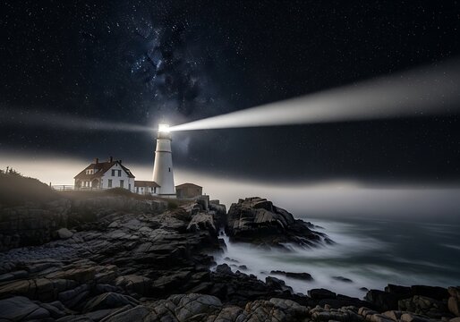 A powerful beam emanates from a solitary lighthouse standing sentinel over a rugged coastline, illuminating the celestial expanse dotted with countless stars under a dramatic night sky